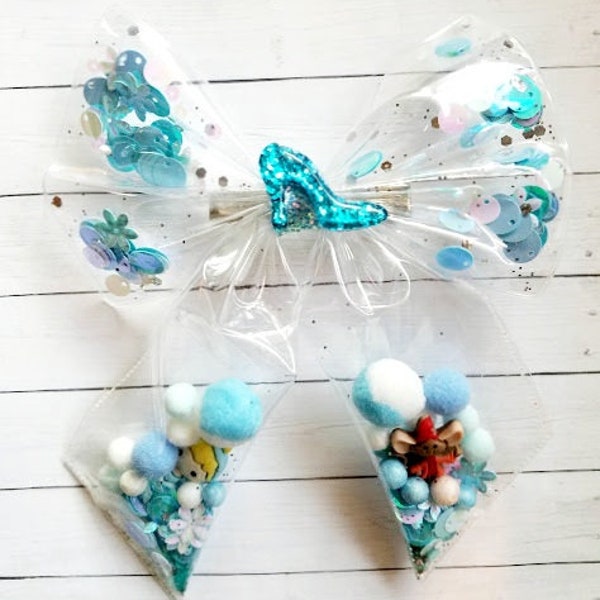 Cinderella Shaker Hair Bow Transparent Pom Filled Sequin Bow Disney Princess Bow Birthday Bow