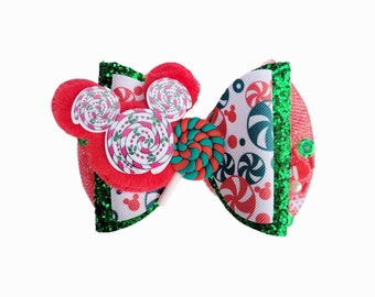Mickey Candy Cane Hair Bow Disney Christmas Minnie Lollipop Green Red Glitter Clip Headband