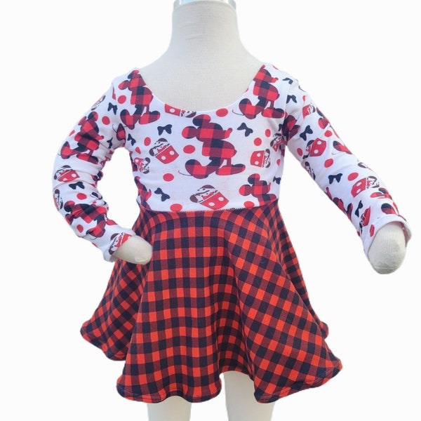 Disney Christmas Twirl Dress or Peplum Top Mickey Buffalo Plaid Black and Red Baby Girls