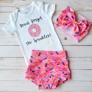 Donut Sprinkles Bummies Outfit Set Shirt Diaper cover Bloomers Shorts Bow Head wrap Headband Birthday outfit