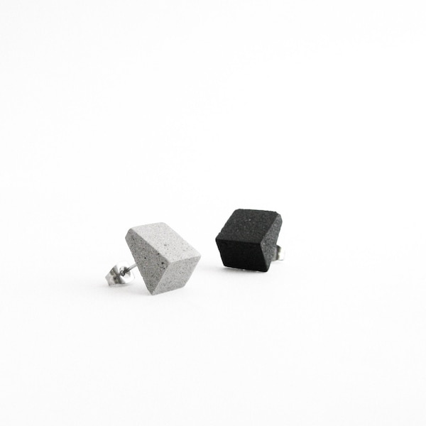 Minimalist earrings of different colors in light concrete with nickel free stainless steel pin. Geometric cut cube earrings.