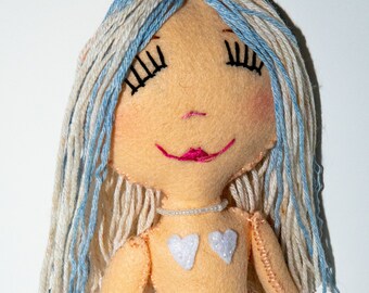 Hand Sewn Fabric Mermaid Doll, Peach Skin Tone, Beige/Blue Hair & Multi Chevron Tail, Hand Embroidered Face, Handmade  Mermaid Rag Doll