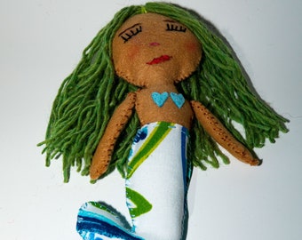 Hand Sewn Fabric Mermaid Doll, Tan Skin Tone, Green Hair and Blue/Multi Tail, Multiethnic Doll, Mermaid Rag Doll