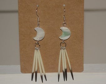 Porcupine Quill and Mother of Pearl Carved Shell Earrings, Moon or Leaf Options, Real Porcupine Quills