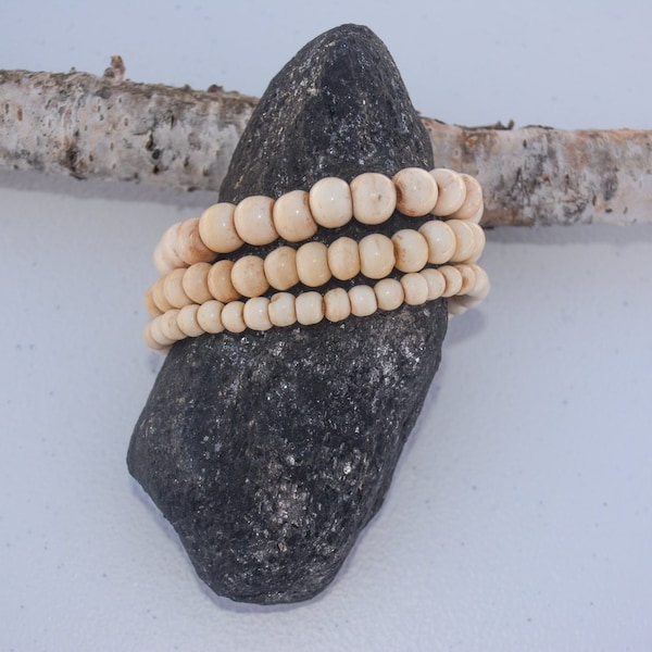 Bone Bead Stretch Bracelet, Stackable Bracelets, Carved Bone, Real Animal Bones, Stretch Bracelets