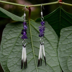 Porcupine Quill and Gemstone Stack Dangle Earrings, Real Quills, Real Gemstone Chips, Black Tourmaline Amethyst, Quartz, Aquamarine, Citrine