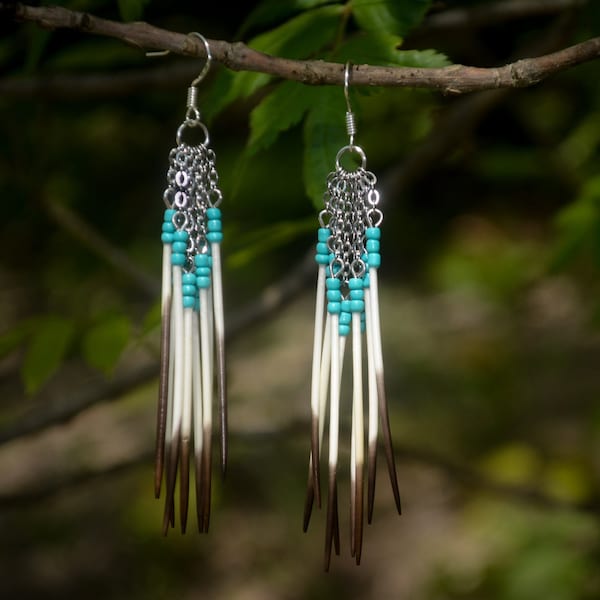 Real North American Porcupine Quill and Seed Bead Dangle Earrings, Turquoise, Teal, Super Lightweight, Handmade, Sterling Silver