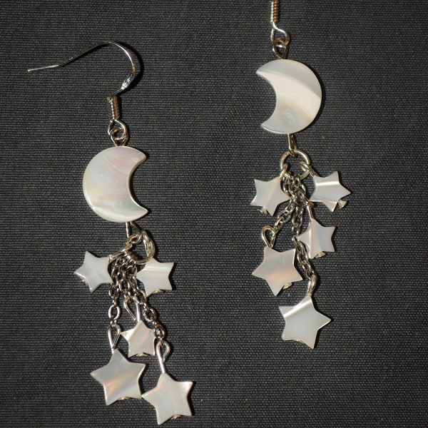Moon Earrings, Moon and Star Earrings, Mother of Pearl shell, Celestial Earrings