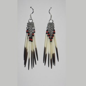 Real Porcupine Quill and Seed Bead Dangle Earrings - Red and Black - Super Lightweight - Handmade - Sterling Silver