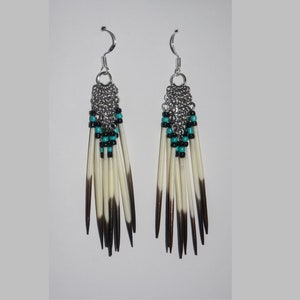 Real Porcupine Quill and Seed Bead Dangle Earrings - Turquoise and Black - Super Lightweight - Handmade - Sterling Silver