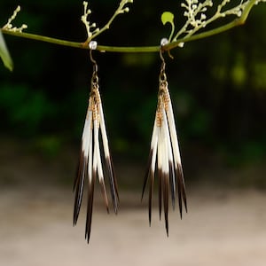 Porcupine Quill Earrings with Gold Beads on a Chunky Chain, Brass Hardware