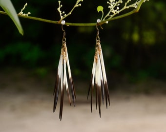 Porcupine Quill Earrings with Gold Beads on a Chunky Chain, Brass Hardware
