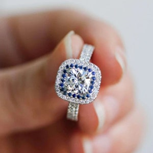 Double Halo Bridal Ring, Cushion CZ Stone Engagement Ring, Sapphire Wedding Ring, Two Row Shank Ring, Promise Ring For Her, Birthday Gift