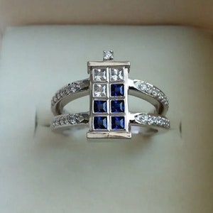 Doctor Who Inspired Tardis Ring, White & Blue Princess Cut CZ Stone Wedding Ring, Bezel Set Ring, Split Shank Ring, Gift Ring For Doctor