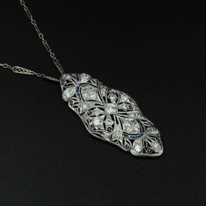 Antique Filigree Chain Necklace, Round & Sapphire Baguette Cut CZ Stone Necklace, Art Deco Silver Necklace, Edwardian Style Wedding Necklace