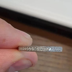 Art Deco Wedding Band, Round Moissanite Diamond Engagement Band, Milgrain Set Half Eternity Band, Antique Engraved Band Ring, Stackable Band