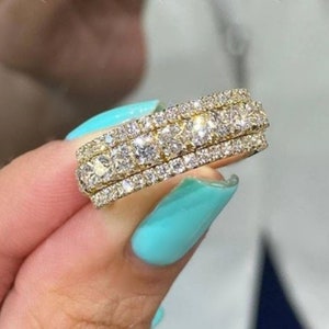 Three Row Diamond Half Eternity Band, 2.35TCW Round Cut Moissanite Diamond Band Ring, Stackable Wedding Band, Yellow Gold Engagement Band