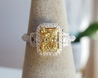Milgrain Set Halo Gemstone Ring, Yellow Radiant & Fancy Cut CZ Stone Wedding Ring, 925 Silver Bridal Ring, Woman's Wedding Engagement Ring