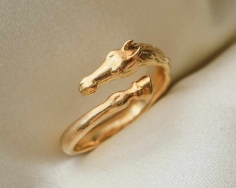 18K Yellow Gold Horse Ring, Men&#39;s Or Woman&#39;s Animal Inspire Ring, Minimalist Ring, Birthday Gift Ring, Finger Wrap Ring, Unique Jewelry