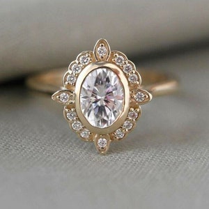 Bezel Set Unique Halo Ring, 8*6 MM Oval Cut Moissanite Diamond Engagement Ring, 18K Yellow Gold Wedding Ring, Minimalist Ring For Women