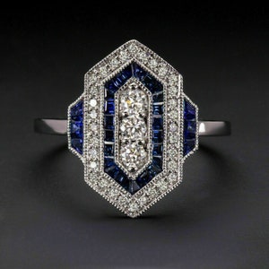 Round With Sapphire Baguette Cut CZ Stone Art Deco Ring, Edwardian Style Wedding Ring, Milgrain Set Ring, Antique Engagement Ring For Women