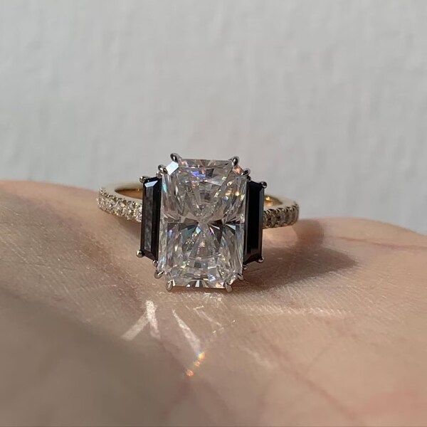 Radiant & Black Baguette Cut CZ Stone Ring, Woman's Three Stone Engagement Ring, Wedding Promise Ring, Birthday Gift Ring, Mother's Day Gift