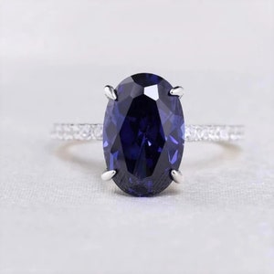 Versteckter Halo Ring der Frau, Blauer Saphir Oval CZ Stein Verlobungsring, Edelstein Ring, Weißgold Ehering, Geburtstagsgeschenk Ring für sie