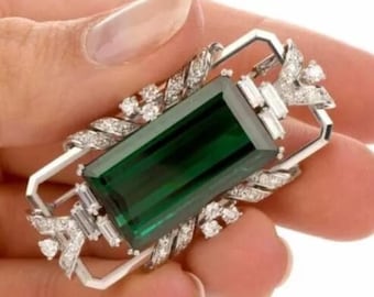 Green Emerald Cut CZ Stone Brooch, Art Deco Gemstone Brooch Pin, Antique Gold Or Silver Brooch, May Birthstone Brooch, Retro Wedding Brooch