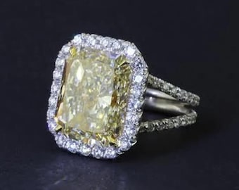 Yellow Radiant Cut CZ Stone Ring, Halo Split Shank Ring, Wedding Engagement Ring, Proposal Ring For Women, Gemstone Ring, Birthday Gift Ring