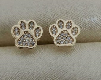 Paw Print Stud Earring, Round Cut Moissanite Diamond Dog Paw Earring, Cute Animal Paw Print Jewelry, Birthday Gift Earring, Daily Wear Studs