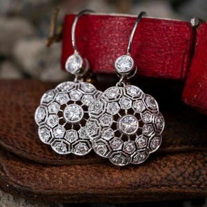 Milgrain Art Deco Drop Earrings, Round Moissanite Diamond Women&#39;s Dangle Earring, Antique Floral Inspire Earring, Lever Back Drop Earring
