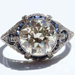 Edwardian Art Deco Ring, Old European & Sapphire Baguette Cut CZ Stone Ring, Woman&#39;s Engagement Ring, Filigree Retro Wedding Ring For Her