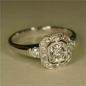 Antique Art Deco Ring, Octagon Shape Milgrain Halo Ring, Round Cut Moissanite Diamond Vintage Style Ring, Wedding Engagement Ring For Women