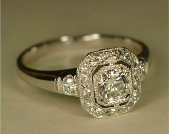 Antique Art Deco Ring, Octagon Shape Milgrain Halo Ring, Round Cut Moissanite Diamond Vintage Style Ring, Wedding Engagement Ring For Women