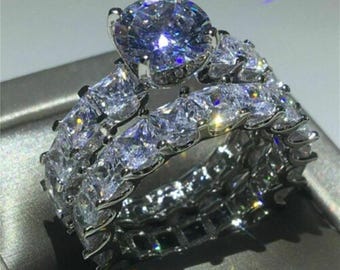 Wedding Bridal Ring Set, 14k Gold Round & Princess Moissanite Diamond Ring Set, Two Piece Engagement Ring Set, Women's Party Wear Ring Set