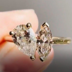 14K Yellow Gold Toi Et Moi Ring, Two Stone Engagement Ring, 2.75TCW Marquise & Pear Cut Moissanite Diamond Wedding Ring, Birthday Gift Ring