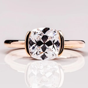 Half Bezel Set Solitaire Ring, 7MM Old Mine Cut Moissanite Diamond Solitaire Ring, Daily Wear Classic Ring, Minimalist Wedding Promise Ring