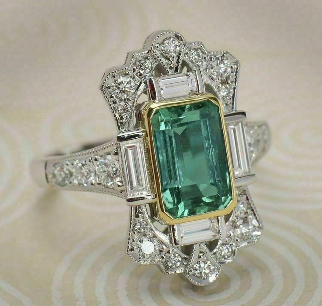 Antique Art Deco Engagement Ring, Green Emerald Cut CZ Stone Wedding ...