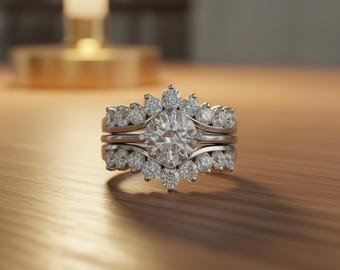 Solitaire Enhancer Guard Band Ring Set, Round Moissanite Diamond Bridal Ring Set, Open Stackable Jacket Band, Wedding Engagement Ring Set