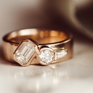 Emerald, Round & Baguette Cut CZ Stone Ring, Bezel Set Three Stone Ring, Multi Shape Stone Engagement Ring, Wedding Proposal Ring For Women