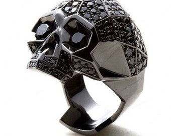 Black Round Moissanite Diamond Skull Ring, Halloween Party Wear Ring, Men's Gothic Skull Ring, 925 Silver Skeleton Ring, Men's Antique Ring
