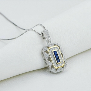 Art Deco Sapphire Pendant, Blue Baguette With Round Cut CZ Stone Pendant, Woman&#39;s Two Tone Gold Pendant, 925 Silver Wedding Pendant For Her