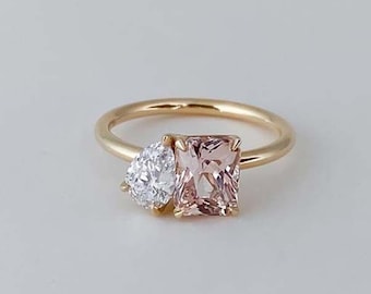 Woman&#39;s Toi Et Moi Ring, Pink Radiant & White Pear Cut CZ Stone Ring, Two Stone Wedding Ring, 18K Gold Engagement Ring, Gift For Girlfriend