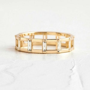 Baguette Cut Moissanite Diamond Ladder Band Ring, 10K Yellow Gold Eternity Band, Wedding & Engagement Band, Woman&#39;s Stackable Band Ring
