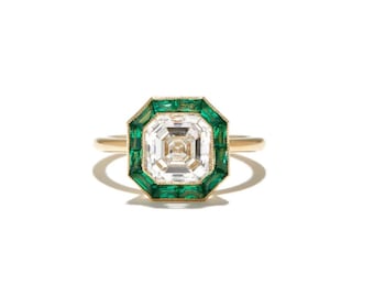 Asscher & Green Baguette Cut CZ Stone Ring, Octagon Shape Halo Ring, Yellow Gold Engagement Ring, Wedding Proposal Ring, Milgrain Set Ring