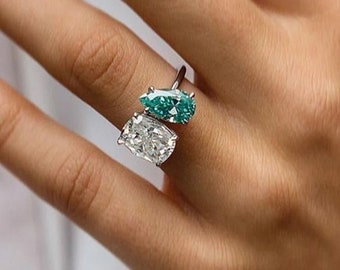 Toi Et Moi Wedding Ring, Aquablue Pear & Cushion CZ Stone Ring, Two Stone Proposal Ring, 14K Gold Engagement Ring, Mother&#39;s Day Gift Ring