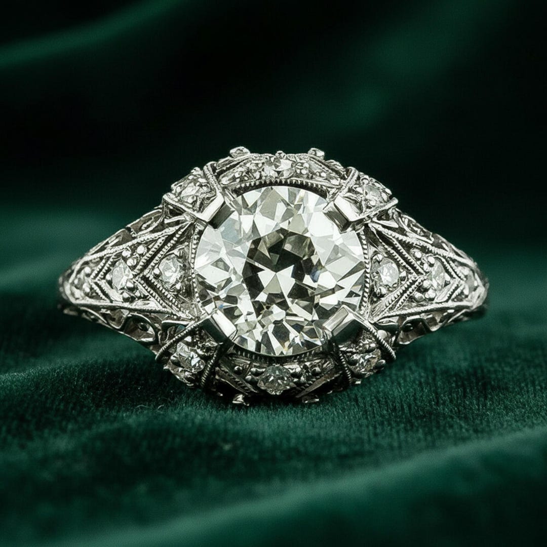 Openwork Filigree Ring for Her, Antique 9.00 MM Old European Cut ...