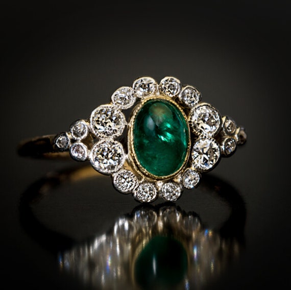 Green Cabochon With Round Cut CZ Stone Ring, Milgrain Bezel Set Two Tone Ring, Antique Wedding And Engagement Ring, Vintage Inspire Ring