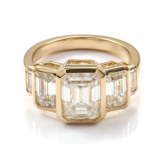Bezel Set Five Stone Ring, 3.36TCW Emerald Cut Moissanite Diamond Wedding Ring, 18K Yellow Gold Engagement Ring, Mother's Day Gift Ring