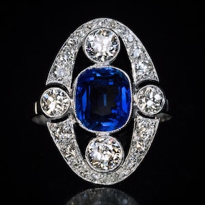 Antique Edwardian Art Deco Ring, Sapphire Cushion & Old European Cut CZ Stone Wedding Ring, Vintage Style Mid Century Ring, Anniversary Gift